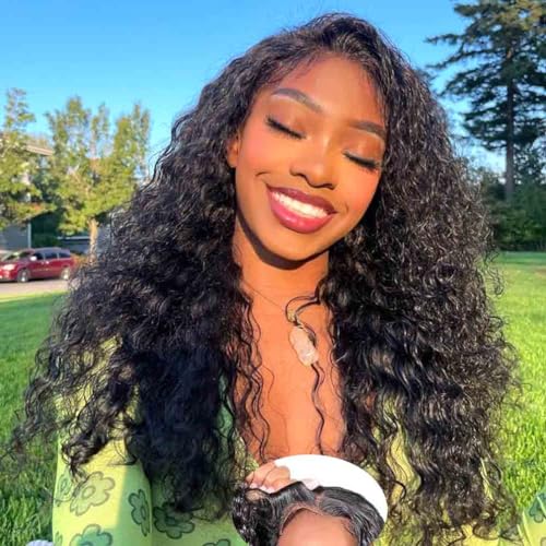 WPPIKK Wear and Go Glueless Wigs Human Hair Pre Plucked Pre Cut Brazilian Deep Wave Lace Front Wigs Human Hair 4x4 Lace Closure Wig for Black Women Glueless 22 Inch